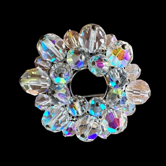 VTG Beaded Aurora Borealis Brooch clip-on Earrings Iridescent Crystal Round Dome - Picture 2 of 7